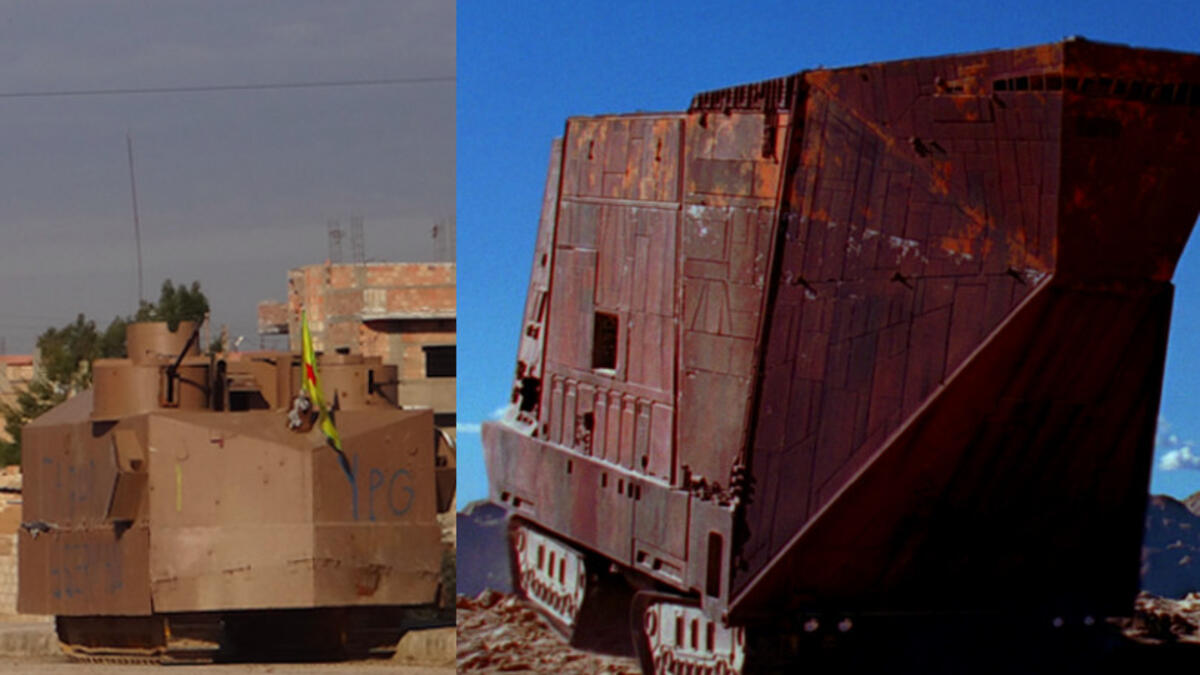 With no foreign government sponsors, the Kurdish People’s Protection Units (YPG) are seriously lacking in heavy ordnance, so they manufactured their own. DIY tanks like this one are pretty useless in battle, and are mostly used as ambulances. Fortunately, they hung a YPG flag on the front, so you don’t mistake them for Jawas.