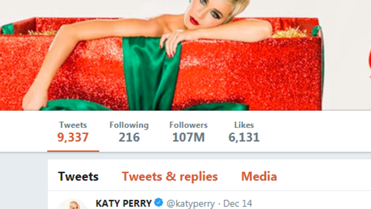 أكثر الحسابات متابعة: لا تزال المغنية "كاتي بيري" تتربع على عرش قائمة أكثر الحسابات متابعة، حيث يتابعها على تويتر 107 مليون متابع.