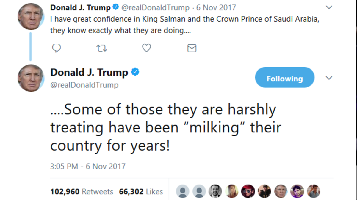 يحلبون وطنهم: وفيها وصف الرئيس بعض الموقوفين في السعودية بأنهم كانوا "يحلبون وطنهم لسنوات!".