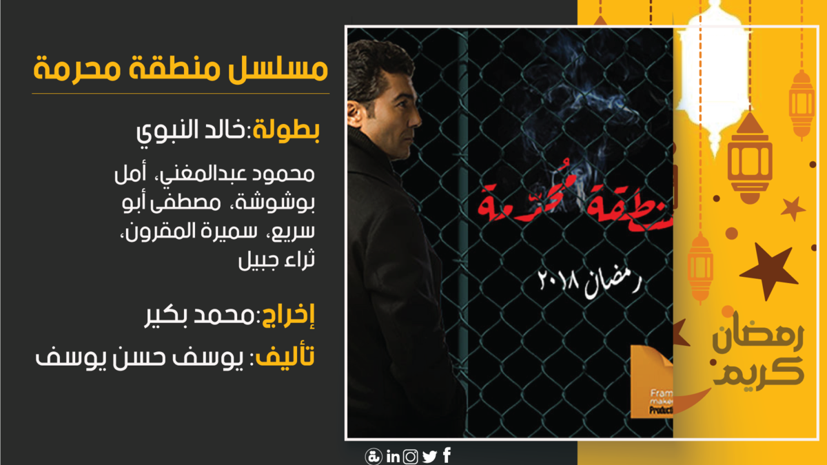 منطقة محرمة: تدور أحداث المسلسل حول رجل إعلامي توجد في حياته 5 نساء، منهم زوجته وأخرى طليقته وأم ابنه وثالثة تحكي له عن لعنة أصابت أرض معينة، ومن خلال حكايتها يحاول الوصول إلى سبب جعل هذه الأرض أرض محرمة.