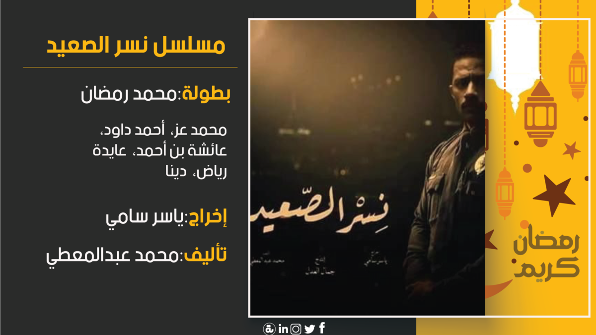 نسر الصعيد: تدور أحداثه حول الضابط الصعيدي "زين" والذي يخدم فى القوات المسلحة، يحبه الجميع فى منطقته، ويعتبرونه القدوة فى جميع المجالات، شهم، جدع، ابن بلد، رجل يتحمل المسؤولية ويتم قرار نقله إلى سيناء لمحاربة الإرهاب.