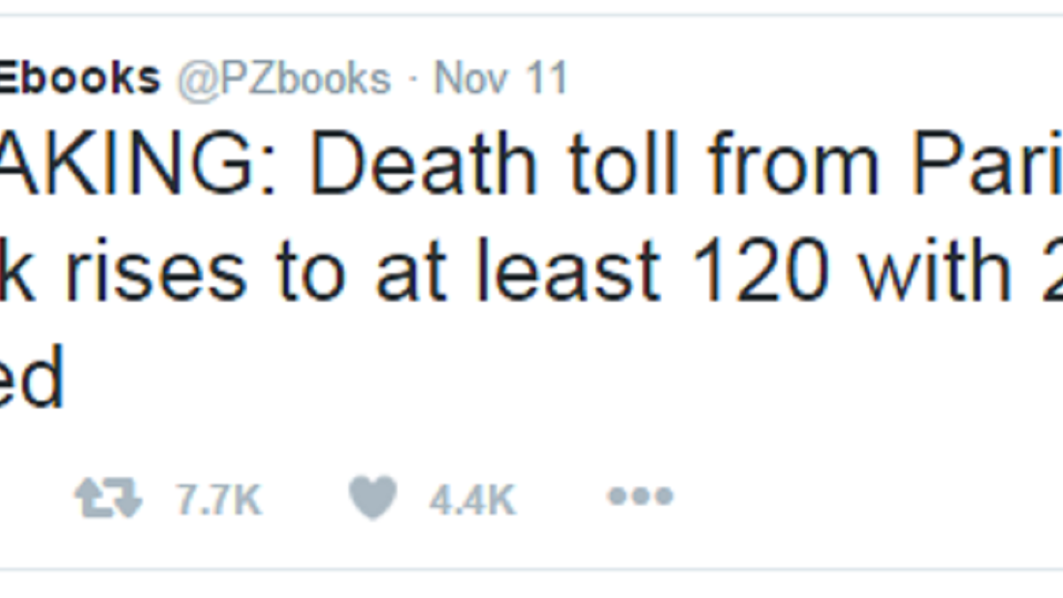 أعاد عدد من المغردين العرب في موقع تويتر نشر تغريدة من حساب @PZbooks عن أحداث باريس ويعود تاريخ التغريدة لـ 11 نوفمبر علماً أن الأحداث وقعت في 12 نوفمبر وأثارت هذه جدلاً خصوصاً بعد اقفال الحساب التابع للتغريدة.