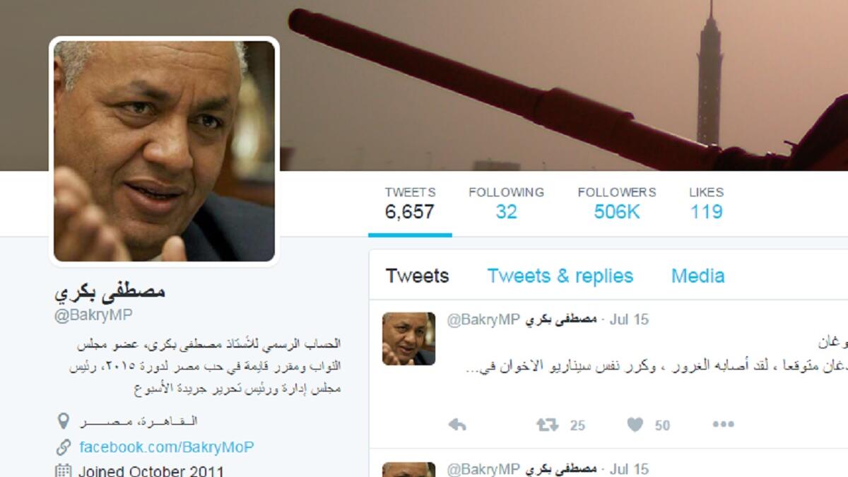 الاعلامي وعضو مجلس النواب المصري مصطفى بكري قال في تغريدة قبل فشل الانقلاب "ذهب أردوغان وبقى بشار سبحان مغير الأحوال النصر للجيش العربي عاشت سوريا وعاش الشعب السوري العظيم...."