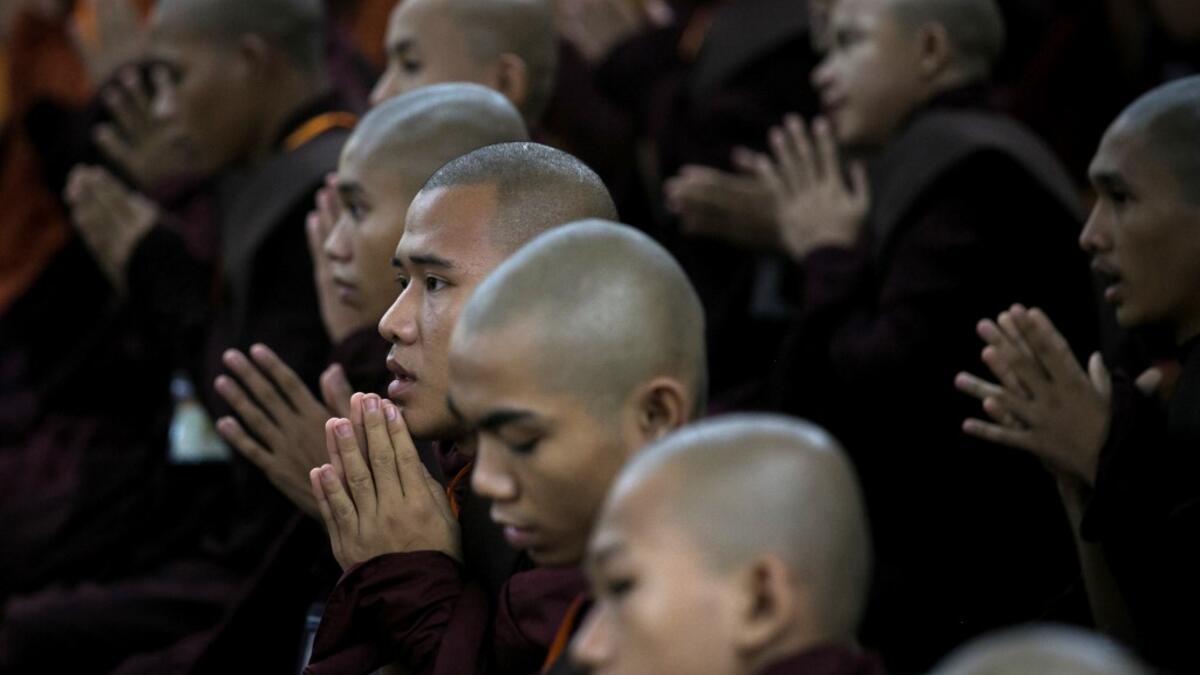 Buddhist monks attend the annual meeting of the ultra-nationalist group Buddha Dhamma Parahita Foundation, previously known as Ma Ba Tha, in Yangon on June 17, 2019.  SAI AUNG MAIN / AFP