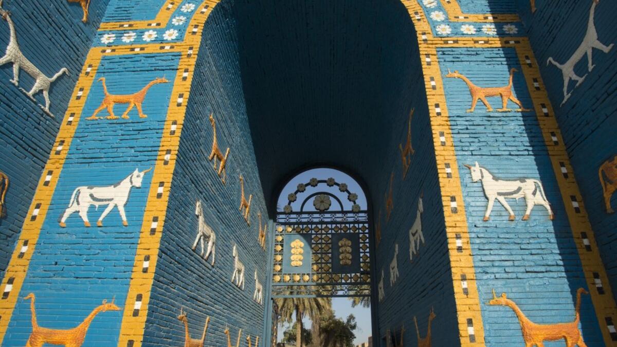 A picture taken on June 29, 2019 shows the the Ishtar Gate at the ancient archaeological site of Babylon, south of the Iraqi capital Baghdad.  Hussein FALEH / AFP