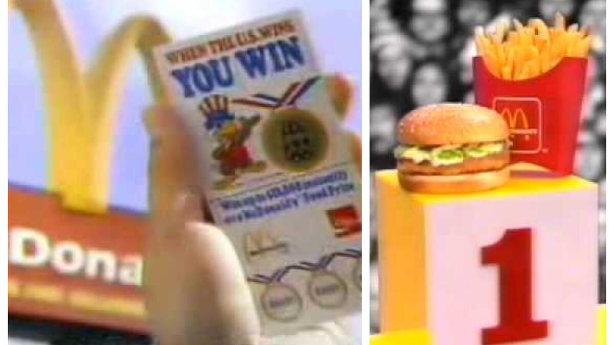 وجبات مجانية: خلال أولمبياد 1984 أطلق ماكدونالدز حملة تروجية في لوس أنجلوس تقضي بتوزيع وجبات مجانية بعد فوز أي رياضي أمريكي بميدالية، لتتحول الى أكثر الحملات كلفة خاصة بعد مقاطعة الاتحاد السوفياتي للمسابقة مما زاد فرص الأمريكين بالفوز.