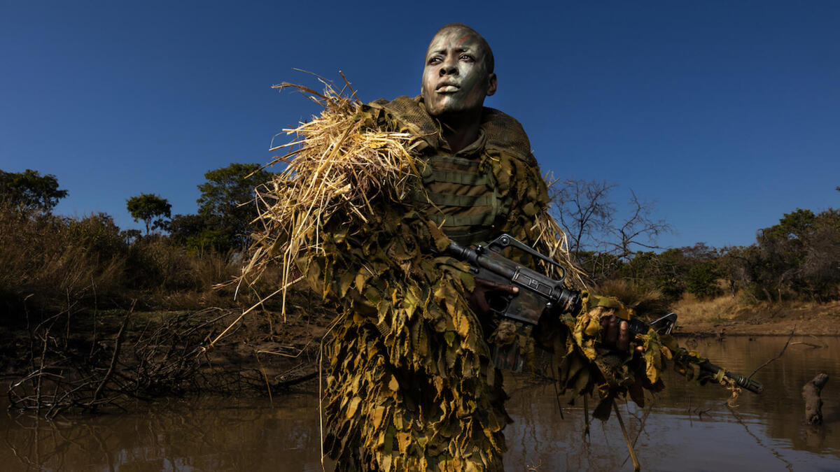صورة "الشجعان" للمصوّر "برينت ستيرتون"، تُظهر بيترونيلا تشيغومبورا البالغة من العمر 30 عامًا والعضوة في وحدة نسوية تحارب قتل الحيوانات غير الشرعي تدعى أكاشينغا، وهي تشارك في تمرين للتخفي في محمية فوندوندو للحياة البرية في زيمبابوي.