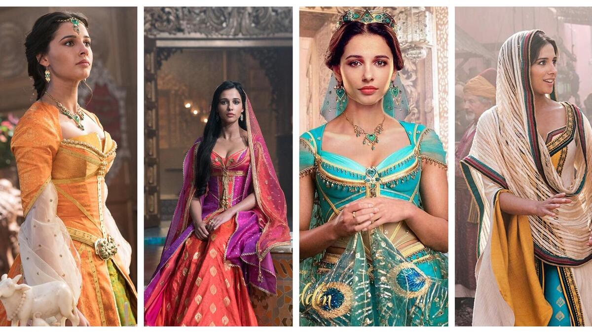 أزياء ياسمين: شوهدت في النسخة الواقعية من فيلم علاء الدين بعدة فساتين منها البني والأزرق والوردي والذهبي.