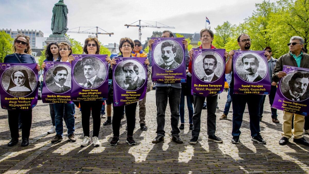 Protesters take part in a demonstration called by the Samenwerkende Armeense Organisatie (Cooperating Armenian Organization) to ask for the recognition of the Armenian genocide that took place 104 years ago, in the Hague, on April 23, 2019.  Bart Maat / ANP / AFP