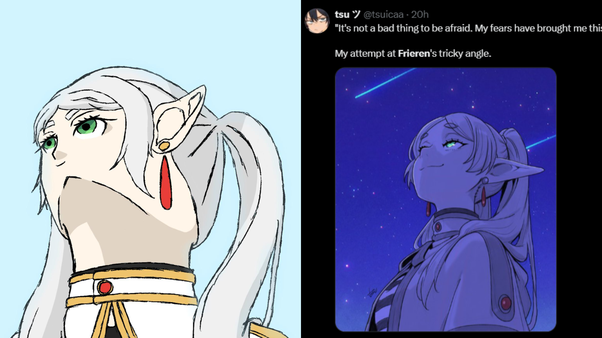 Frieren looking up fan art goes viral, causing a trendy art challenge