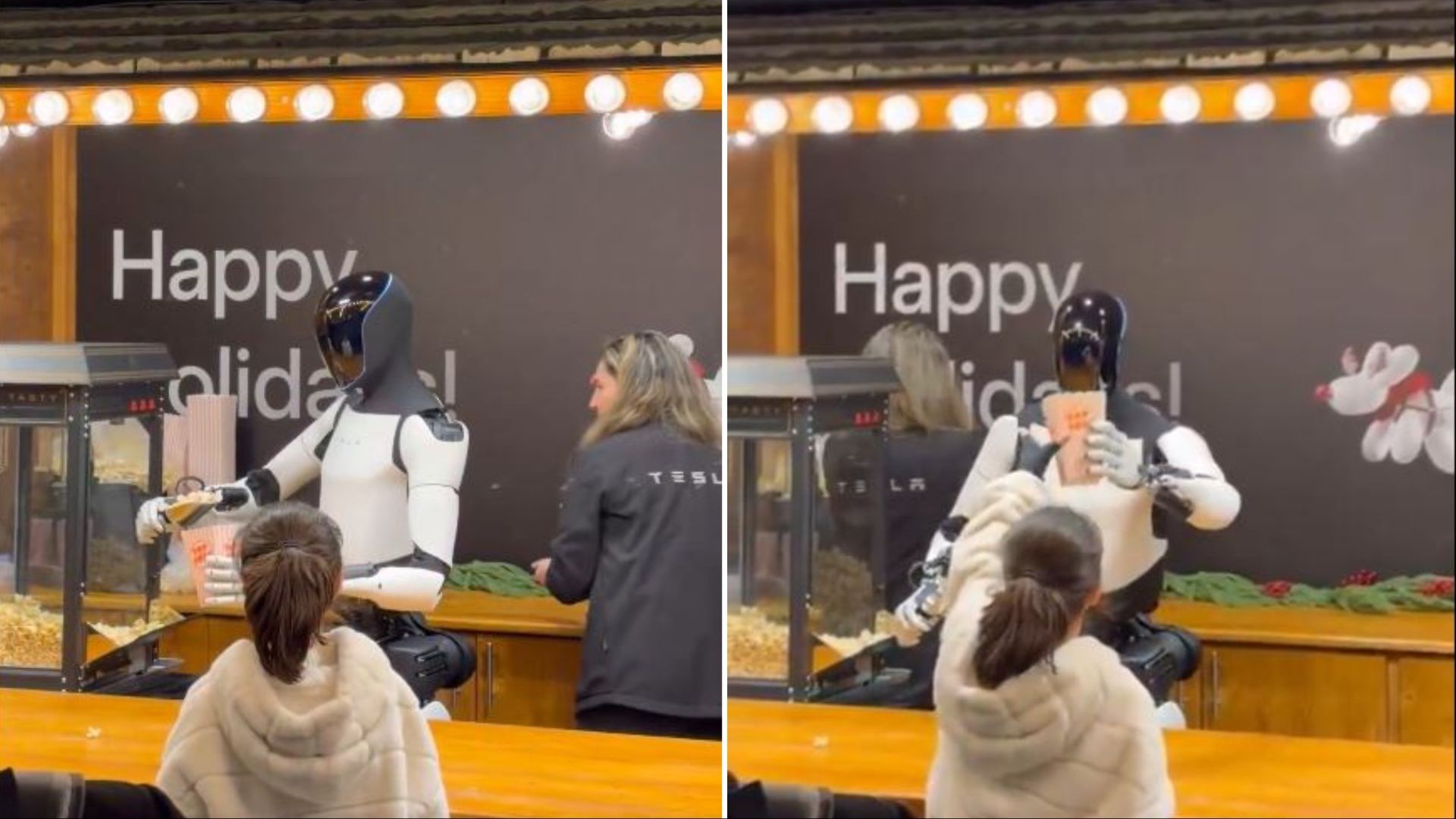 Tesla robot serves popcorn at Christmas market in Berlin, Germany