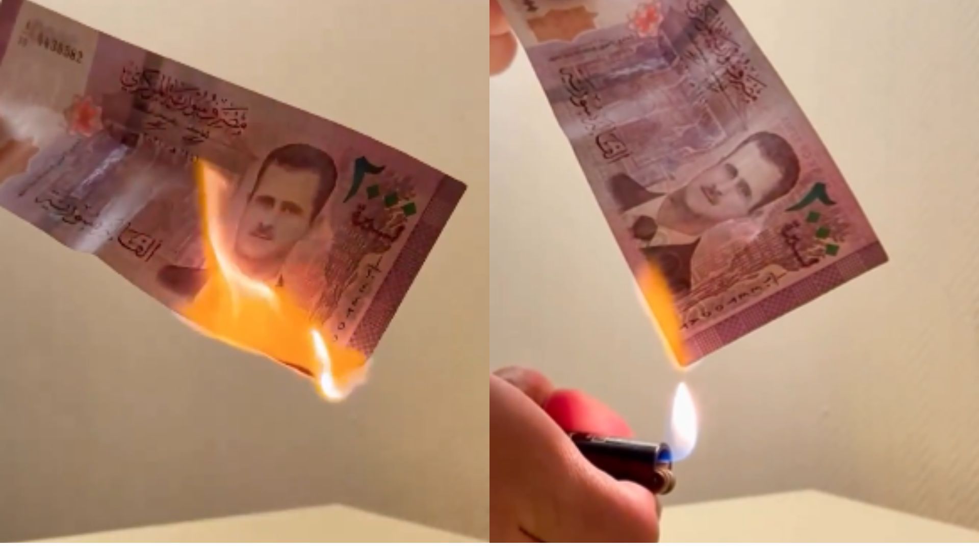 Video: Man burns the old Syrian Lira featuring Assad's portrait
