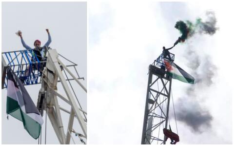 بريطاني يدعم فلسطين بتسلق رافعة 200 مترًا.. 