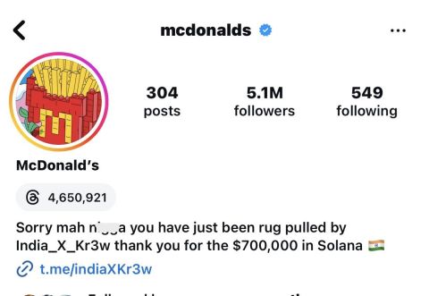 McDonald's Instagram hacked by Crypto scammer, making $700k