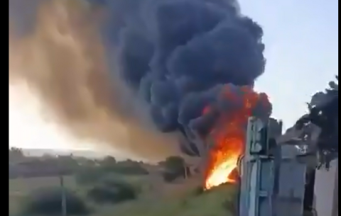 Footage: Ukrainian drone sets Russian fuel train ablaze