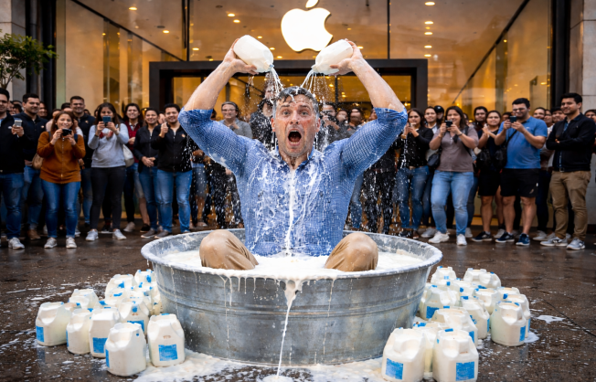 رجل يستحم بالحليب أمام متجر آبل 